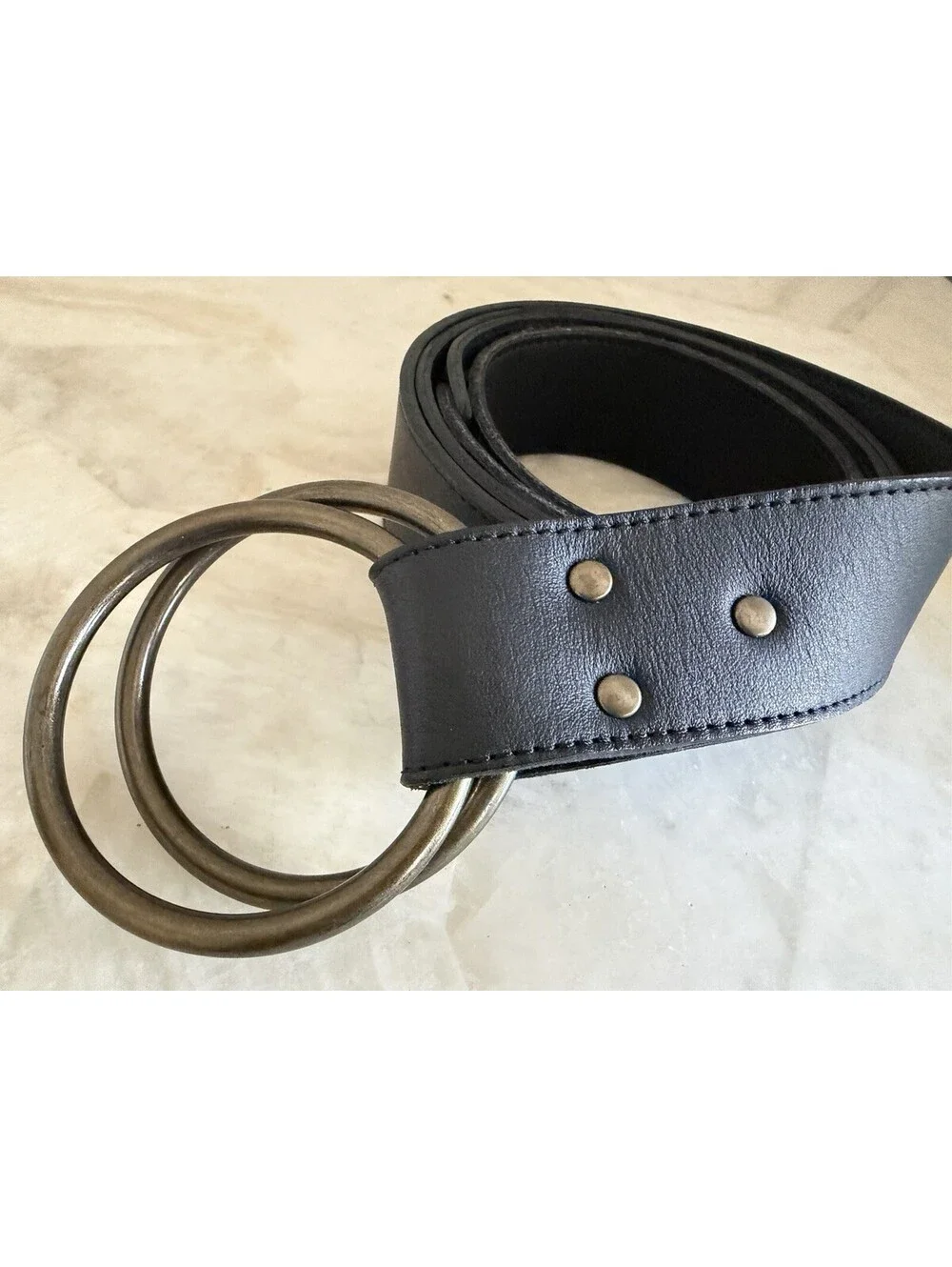Eileen Fisher Womens Black Leather Belt Large Double O-Ring Brass Buckle Wide 1X